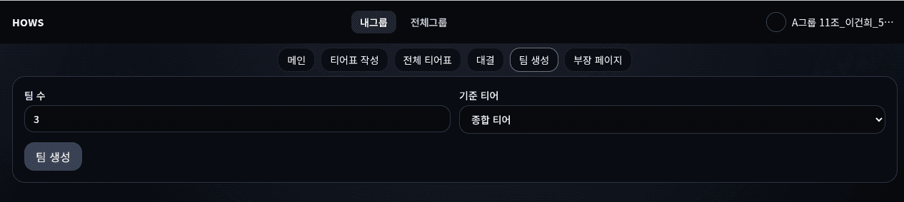 팀 구성을 확인하는 HOWS 화면
